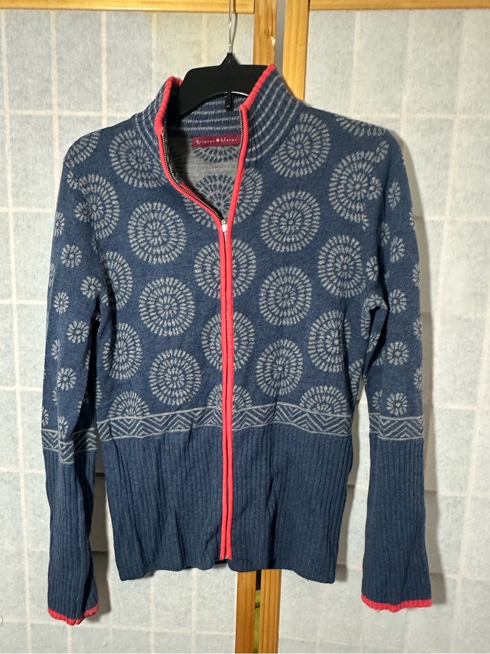Krimson klover  Navy Patterned Zip-Front Cardigan with Coral Trim